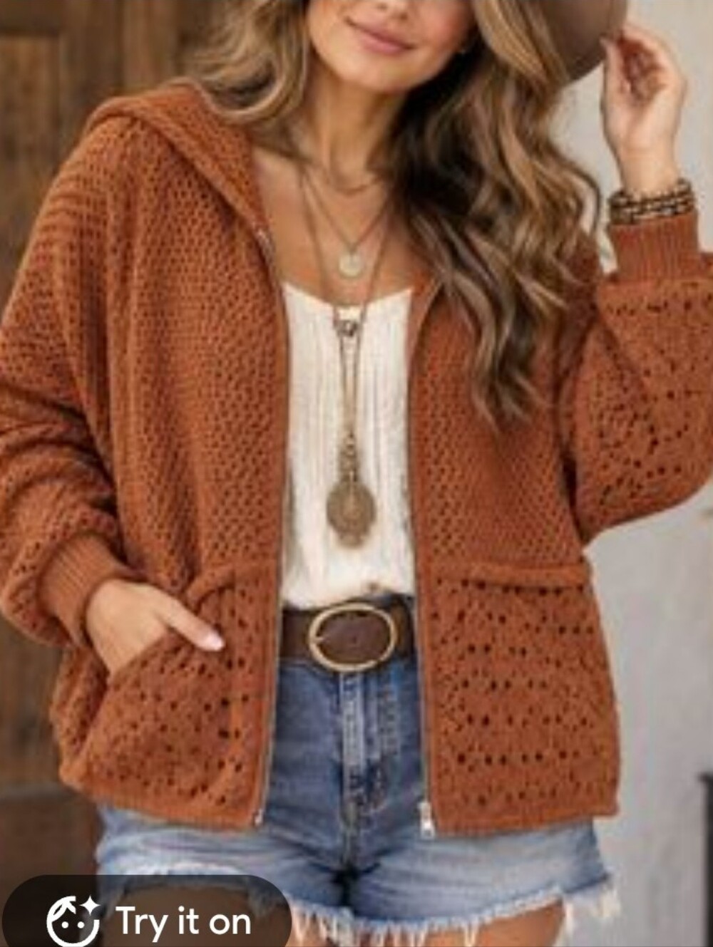 BKE Crochet Jacquard Hooded Sweater Orange Small Oversized